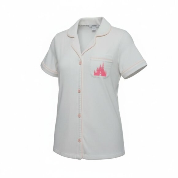 Disney Parks Pajama Top Womens Small White Pink Castle Stretch Sleepwear Shirt - Picture 1 of 13